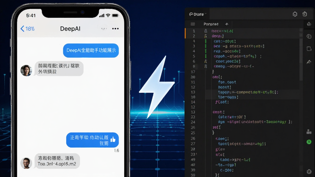 DeepAI全能助手功能展示图,画面分为左右两部分,左侧是手机聊天界面,右侧是代码编辑器界面,中间用闪电符号连接,背景为深蓝色科技网格,风格现代简约,高清画质,干净无多余元素
