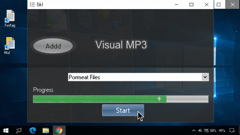 画面主体是 Visual MP3 软件运行界面与 Windows 桌面环境,布局为全屏截图风格,排版显示添加文件按钮、格式下拉框和进度条,风格为写实软件截图风,细节包含鼠标指针悬停在开始按钮上,画质为高清,干净,无多余元素