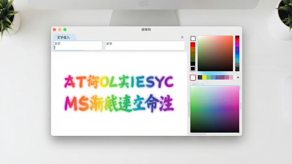 一张展示渐变文字代码生成器软件界面的全景图,画面中央是软件操作窗口,左侧为文字输入框,右侧为颜色选择器和渐变预览区,屏幕中显示着色彩平滑过渡的文字效果,背景为干净的浅色桌面环境,风格简洁现代,细节清晰,画质高清,无多余元素