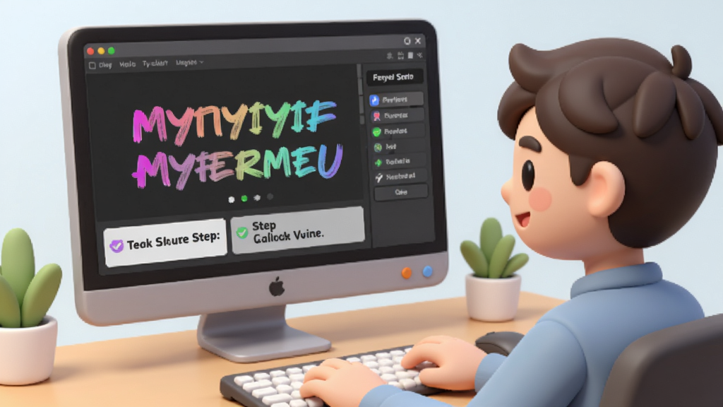 一张渐变文字代码生成器新手操作示意图,画面中一位用户正坐在电脑前使用软件,屏幕上显示着渐变文字预览和操作步骤提示,桌面整洁,风格轻松友好,画质清晰,无多余元素