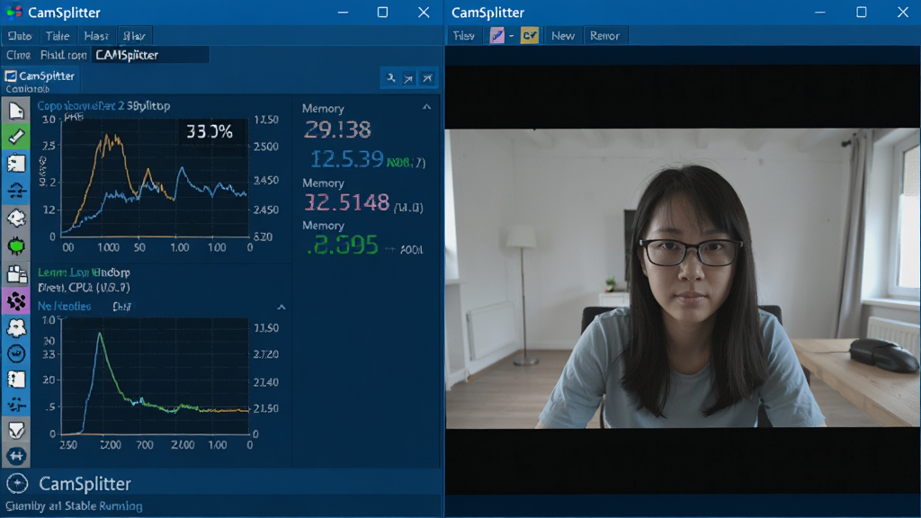一张展示CamSplitter稳定运行状态的图片,主体为电脑任务管理器显示低CPU占用率与软件界面同屏,布局为左侧任务管理器右侧CamSplitter预览,排版简洁,风格为科技蓝调,细节包括性能曲线、内存数值、摄像头画面,画质清晰,干净,无多余元素
