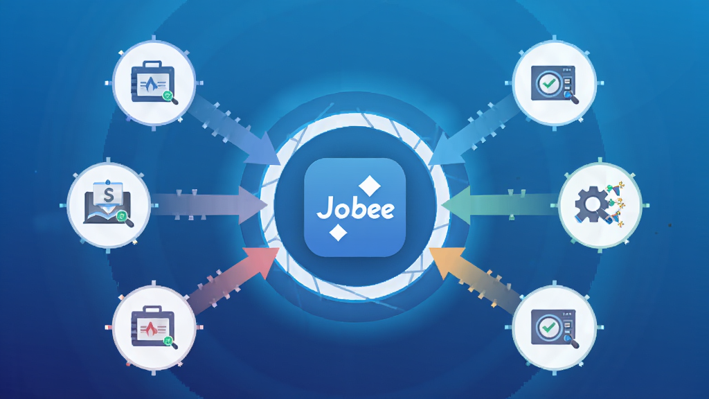主体为Jobee软件标志与多个数据流箭头汇聚到一个中心圆环,布局采用放射状构图,中心为软件图标,四周环绕不同行业的岗位图标,排版对称均衡,风格为科技感矢量图,细节包括渐变蓝色背景与光晕效果,画质清晰,干净无多余元素。