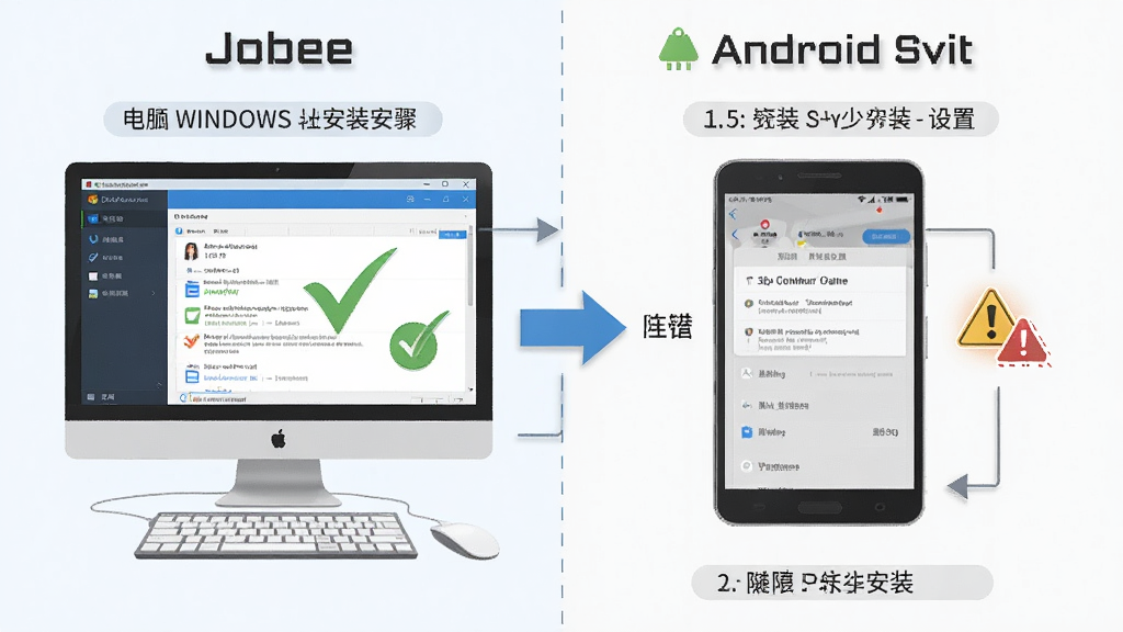 主体为Jobee软件在Windows与Android设备上的安装步骤示意图,布局采用左右对比,左侧为电脑安装界面,右侧为手机权限设置界面,排版分步标注,风格为教程类扁平插画,细节包括勾选标记、箭头指引与警示图标,画质高清,干净无多余元素。