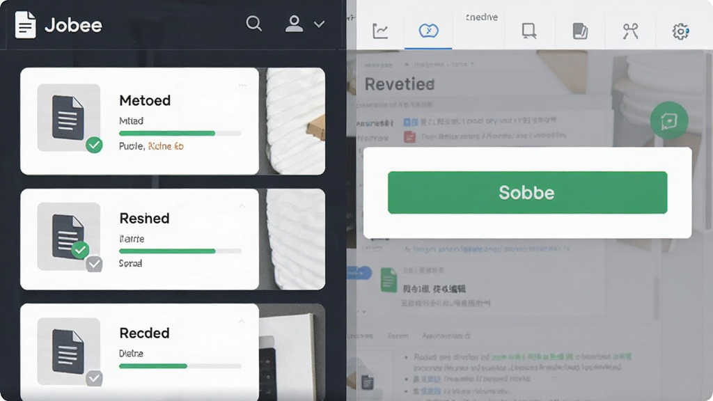 主体为Jobee简历编辑界面与投递按钮,布局采用左右分栏,左侧为简历模板列表,右侧为编辑区与绿色投递按钮,排版规整,风格为简约商务风,细节包括文档图标、勾选标记与进度条,画质清晰,干净无多余元素。