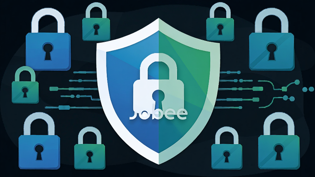 主体为盾牌与锁图标围绕Jobee软件界面,布局采用中心对称,中心为软件Logo,四周为安全锁与加密符号,排版紧凑,风格为扁平化安全主题插画,细节包括蓝色与绿色渐变、数据流线条,画质高清,干净无多余元素。
