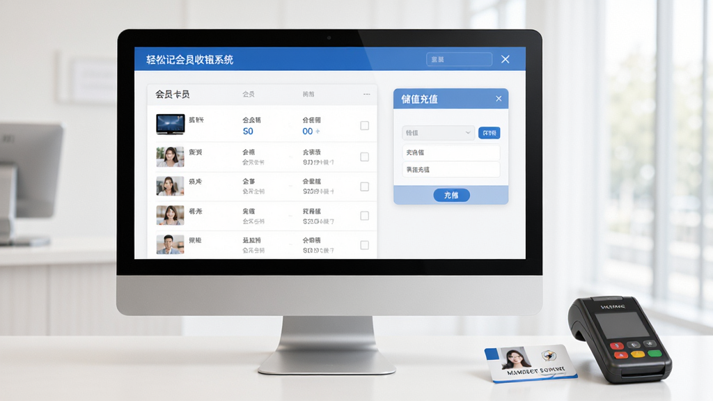 轻松记会员收银系统会员管理界面,电脑屏幕上显示会员卡列表与储值充值窗口,收银台旁放着会员卡和读卡器,风格简洁商务,主体居中,排版清晰,画质干净,无多余元素