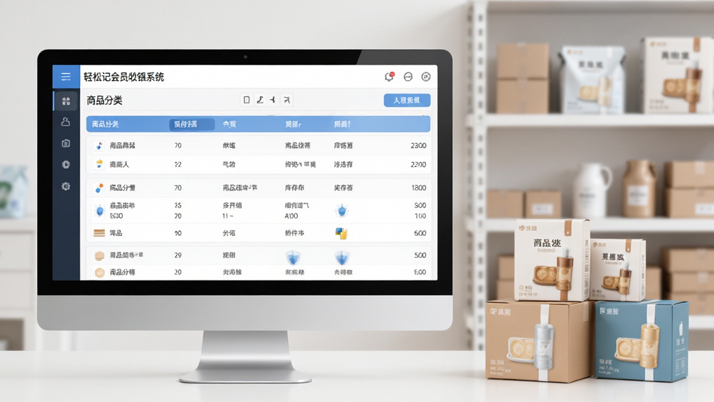 轻松记会员收银系统商品库存管理界面,电脑屏幕显示商品分类列表与库存数量,旁边有货架和商品包装盒,风格干净整洁,主体突出,排版有序,高清画质,无多余元素
