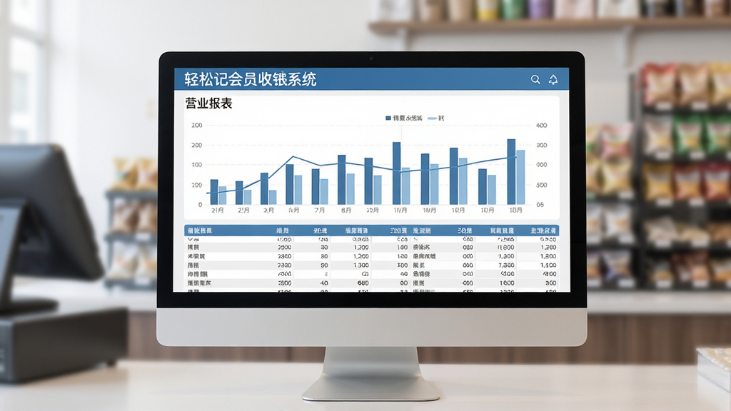 轻松记会员收银系统营业报表界面,电脑屏幕显示柱状图与销售数据表格,收银台背景虚化,风格商务简约,主体居中,排版清晰,高清画质,干净无多余元素