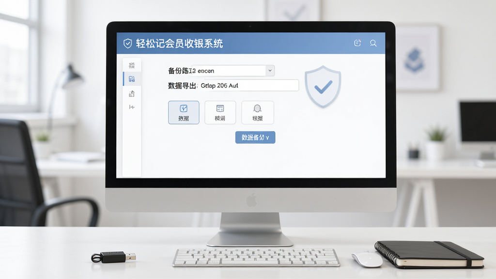 轻松记会员收银系统数据备份与设置界面,电脑屏幕显示备份路径与数据导出选项,桌面上有U盘和笔记本,风格简洁安全,主体居中,排版规整,高清画质,无多余元素