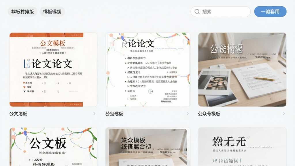 一键排版软件模板选择界面,画面展示多个排版模板缩略图整齐排列,包括公文模板、论文模板、公众号模板等,每个模板都有预览小图,界面风格清新浅色,细节包括模板分类标签、搜索框、一键套用按钮,画质高清,画面干净,无多余元素