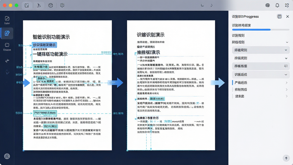 一键排版软件智能识别功能演示画面,画面中一份杂乱无章的文档正在被软件自动整理,文字从混乱状态逐渐变为整齐的标题与段落结构,软件界面显示识别进度条与排版规则选项,风格为科技感扁平化设计,细节包括文字层级标注、排版前后对比箭头,画质高清,画面干净,无多余元素