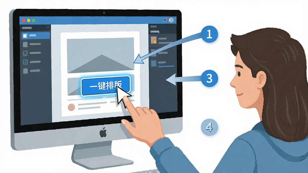 一键排版软件操作教程示意图,画面展示电脑屏幕上的软件界面,用户正在点击一键排版按钮,旁边有步骤编号标注,风格为教学演示类插图,细节包括鼠标指针、按钮高亮、步骤箭头,画质高清,画面干净,无多余元素