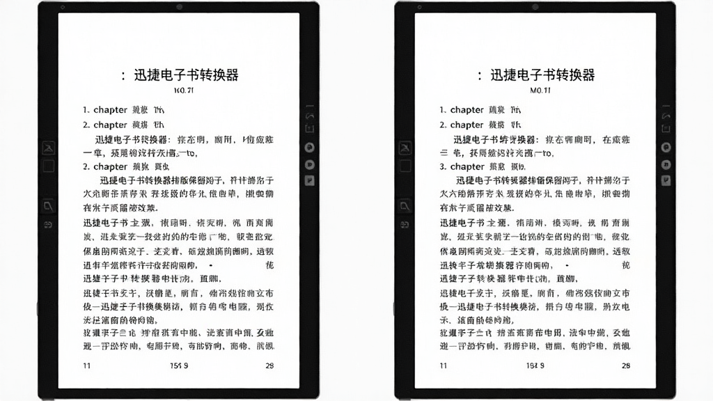 一张展示迅捷电子书转换器排版保留效果的图片,主体为转换前后电子书页面对比,布局为左右分栏对比展示,排版整齐,风格为简洁阅读界面风格,细节包括章节标题、段落缩进、页码等元素保持一致,画质清晰,干净,无多余元素