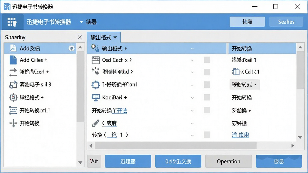 一张展示迅捷电子书转换器操作界面的图片,主体为软件主窗口,布局为顶部导航栏、中部文件列表、底部操作按钮,排版简洁,风格为轻量级工具软件风格,细节包括添加文件、输出格式、开始转换等按钮,画质清晰,干净,无多余元素