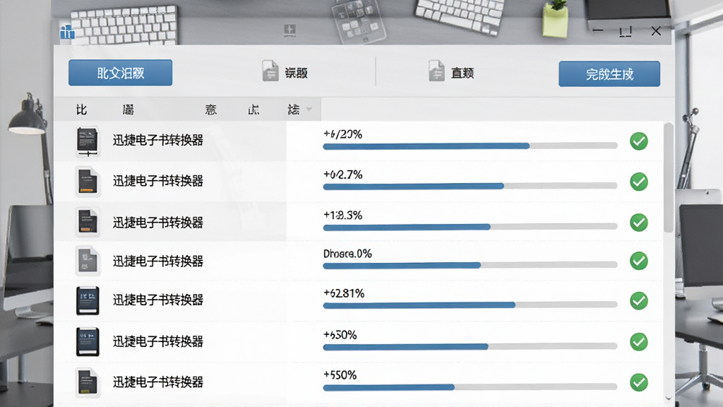 一张展示迅捷电子书转换器批量处理功能的图片,主体为软件界面中多个电子书文件同时排队转换的场景,布局为列表形式展示文件名和进度,排版规整,风格为现代办公风格,细节包括批量添加按钮、进度百分比、完成状态图标,画质清晰,干净,无多余元素