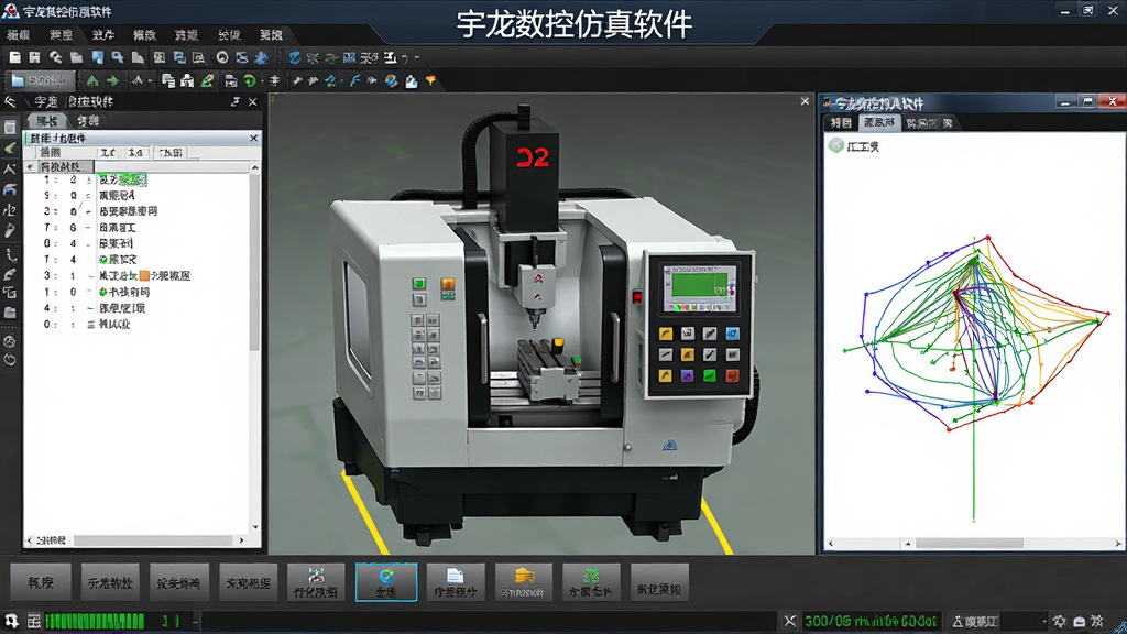 一张展示宇龙数控仿真软件主界面的全景图,画面中央是逼真的数控机床三维模型与操作面板,左侧为程序编辑区,右侧为加工轨迹预览窗口,界面下方排列着功能按钮与状态栏,整体采用深色工业风UI设计,屏幕中显示