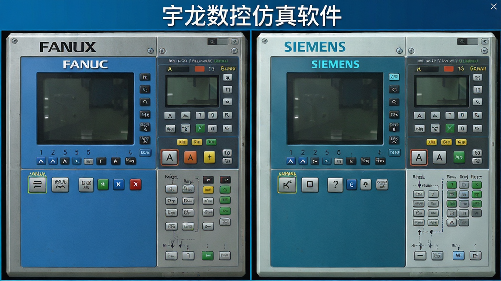 一张展示宇龙数控仿真软件多系统切换功能的界面截图,画面中同时呈现FANUC与SIEMENS两种操作面板的对比视图,面板按键清晰可辨,屏幕上方标注