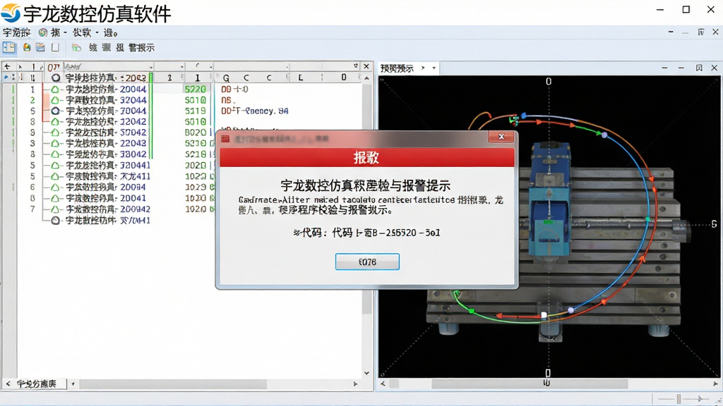 一张展示宇龙数控仿真软件程序校验与报警提示界面的图片,画面中央弹出报警提示框,显示中文错误说明与代码行号,背景为程序编辑列表与轨迹预览图,屏幕上方有