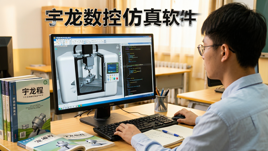 一张展示宇龙数控仿真软件教学应用场景的图片,画面中一位学生坐在电脑前专注操作软件,屏幕上显示三维机床加工模拟与程序代码,桌面摆放着数控编程教材与笔记本,屏幕上方有