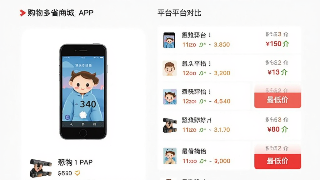 购物多省商城APP比价功能界面,左侧显示商品图片,右侧列出多个平台价格对比列表,最低价用红色高亮标注,整体布局清晰,风格简约,画质干净