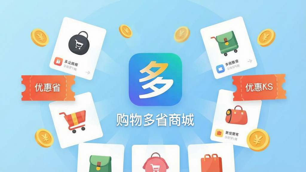 一张手机屏幕展示购物多省商城APP首页界面,画面中央是APP图标和名称“购物多省商城”,周围环绕商品卡片、优惠券图标和金币元素,背景为浅蓝色渐变,风格简洁明亮,扁平化设计,细节清晰,画质干净,无多余元素