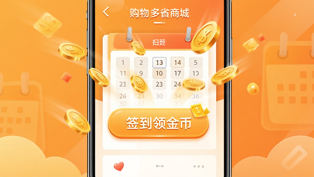 购物多省商城签到页面,手机屏幕中央显示“签到领金币”按钮,周围有金币飞入动画和日历打卡记录,背景为暖橙色,风格活泼,画质干净,无多余元素