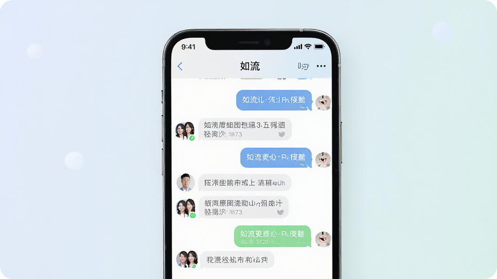 一幅展示如流即时通讯功能的画面,主体是一部智能手机,屏幕上显示如流的聊天界面,有多个对话气泡和群组头像,画面布局简洁,聊天列表清晰可见,风格现代扁平化,色调柔和,细节精致,画质高清,干净无多余元素,图片中可见文字“如流”。