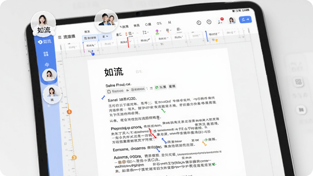 一幅展示如流云文档协作的图片,主体是一台平板电脑,屏幕上显示如流的文档编辑界面,有多人光标同时在线编辑的示意,画面布局干净,文档内容清晰,风格简约现代,色调明亮,细节丰富,画质高清,干净无多余元素,图片中可见文字“如流”。