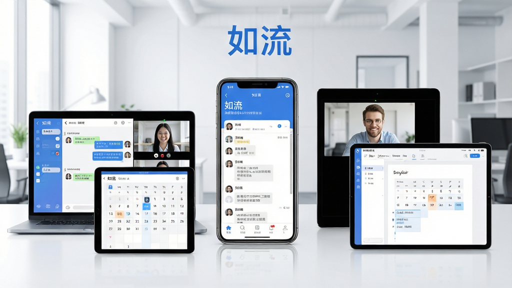 一张展示如流智能办公平台全貌的场景图,画面中央是手机屏幕显示如流应用主界面,周围环绕着笔记本电脑、平板电脑等设备,屏幕中呈现聊天窗口、视频会议小窗、日历日程和文档协作界面,背景是简洁明亮的现代办公室环境,整体风格清新商务,色调以蓝白为主,细节丰富,画质高清,干净无多余元素,图片中可见文字“如流”。