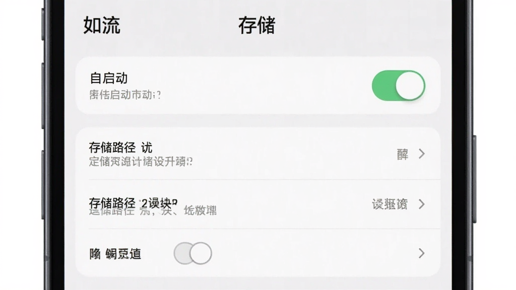 一张展示如流移动端设置界面的图片,主体是手机屏幕显示权限管理与存储设置页面,画面中有自启动开关、存储路径选择等选项,布局清晰,风格简洁实用,色调柔和,细节精致,画质高清,干净无多余元素,图片中可见文字“如流”。