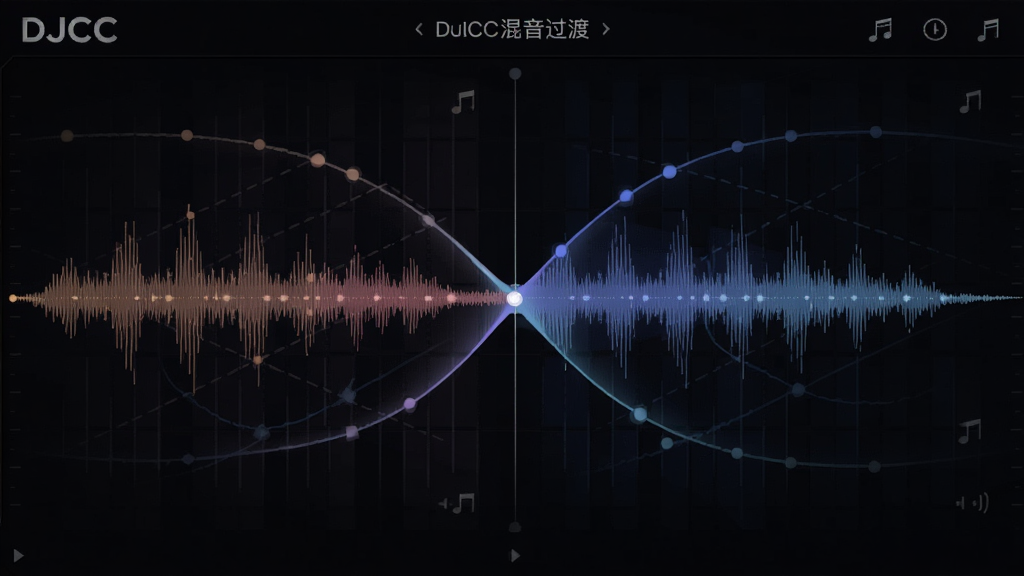 DJCC音乐盒自动混音过渡界面,主体为两条波形轨道交叉淡入淡出的视觉化展示,布局横贯屏幕,排版体现节奏同步点,风格科技动感,细节包含节拍网格线与过渡曲线,画质高清,背景深色,无杂乱元素