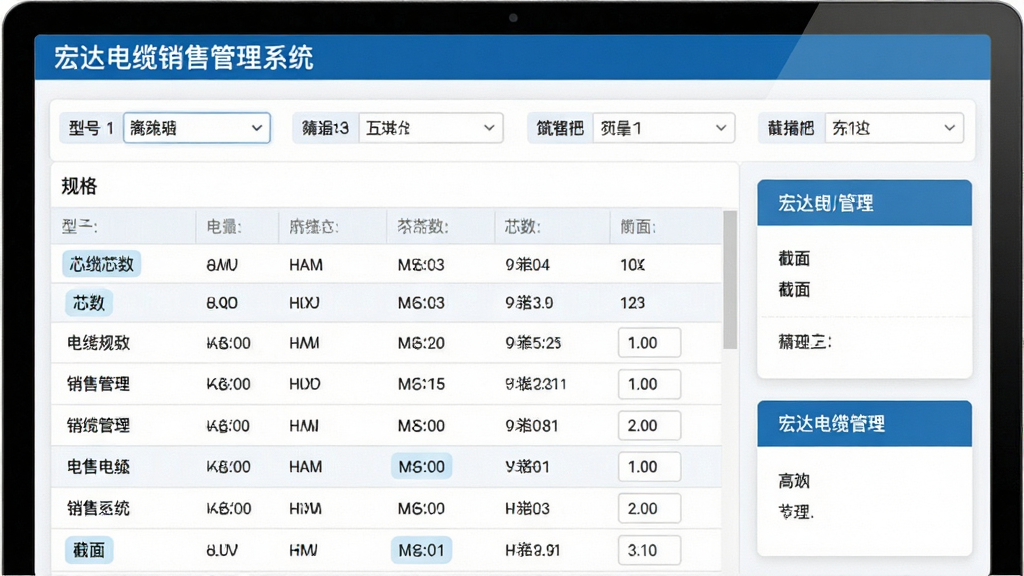 宏达电缆销售管理系统功能界面展示,主体为电缆规格参数管理页面,布局为上方筛选条件栏、下方规格数据列表,排版为表格与卡片结合形式,风格为清爽商务风,细节包含型号下拉框、芯数标签、截面数值输入框,画面中显示文字“宏达电缆销售管理系统”,画质高清,干净,无多余元素