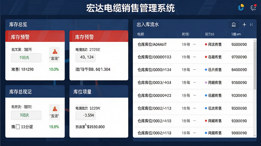宏达电缆销售管理系统库存管理模块界面,主体为进销存数据看板,布局为左侧库存总览卡片、右侧出入库流水列表,排版清晰对称,风格为专业商务风,细节包含库存预警红色标识、批次号追踪、仓库库位编码,画面中显示文字“宏达电缆销售管理系统”,画质高清,干净,无多余元素
