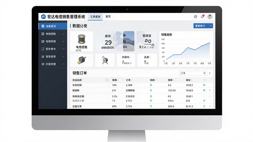 宏达电缆销售管理系统软件主界面全貌展示,主体为电脑屏幕中运行的管理系统界面,布局为左侧功能导航栏、顶部菜单栏、中央数据看板与订单列表,排版整齐清晰,风格为现代商务简约风,细节包含电缆规格图标、库存数字卡片、销售趋势折线图,画质高清,干净,无多余元素