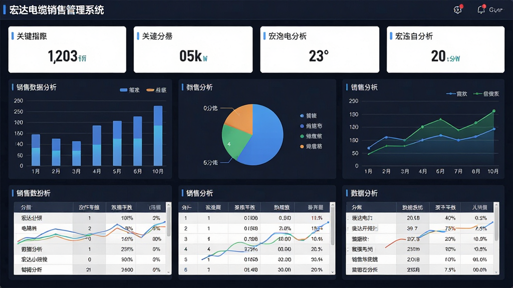 宏达电缆销售管理系统数据报表界面,主体为销售数据分析仪表盘,布局为上方关键指标卡片、下方多图表组合展示,排版为网格化布局,风格为现代数据可视化风,细节包含柱状图、饼图、折线图、数据表格,画面中显示文字“宏达电缆销售管理系统”,画质高清,干净,无多余元素