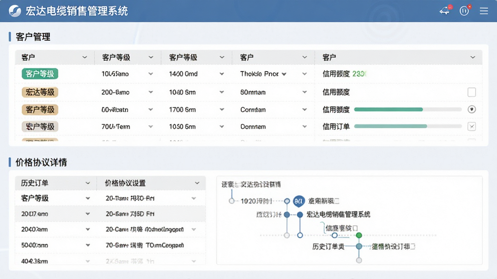 宏达电缆销售管理系统客户管理界面,主体为客户信息档案与价格策略设置页面,布局为上方客户列表、下方价格协议详情,排版为左右分栏形式,风格为柔和商务风,细节包含客户等级标签、信用额度进度条、历史订单时间轴,画面中显示文字“宏达电缆销售管理系统”,画质高清,干净,无多余元素