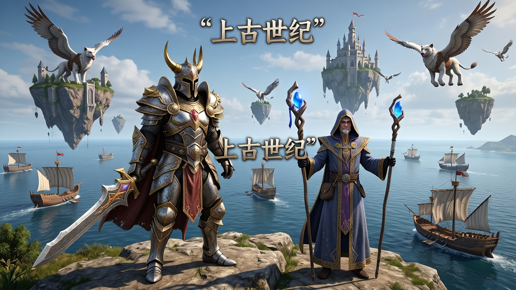 上古世纪游戏全景预览图,主体为一位身穿华丽铠甲的战士与一位手持法杖的法师并肩站立在悬崖边,背景是辽阔的海洋与漂浮的岛屿,布局采用远景与中景结合,排版为横幅构图,风格为史诗奇幻CG写实风,细节包含漂浮的城堡、飞翔的狮鹫、海面上的战船,画面中打上引号文字“上古世纪”,画质为4K超高清,干净,无多余元素