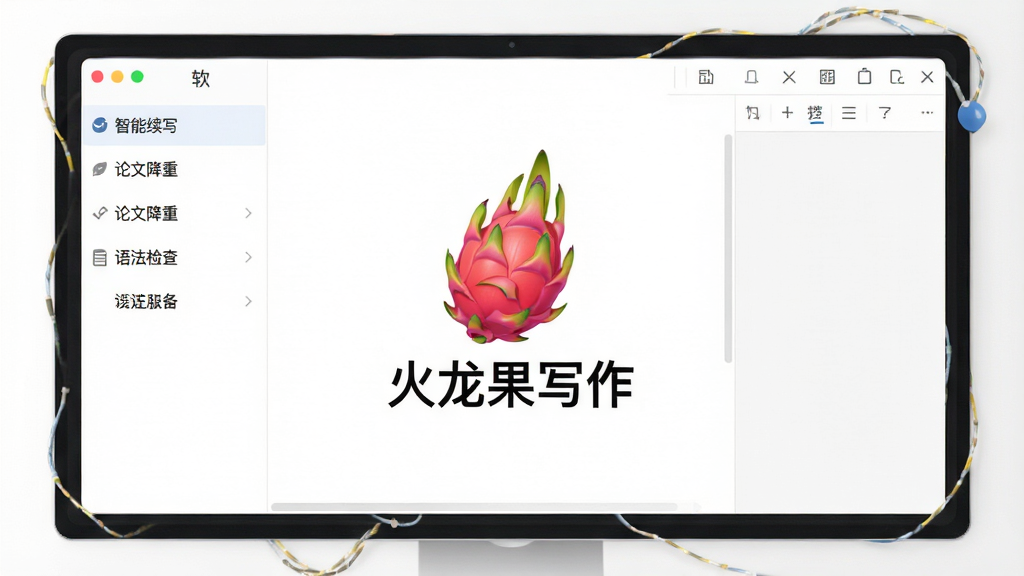 一张展示火龙果写作软件主界面的图片,画面中央是软件Logo和名称“火龙果写作”,背景为白色简洁风格,界面左侧显示功能菜单包括智能续写、论文降重、语法检查等,右侧为编辑区域,整体布局清晰,风格现代简约,画质干净,无多余元素