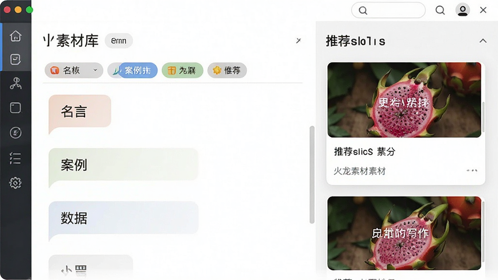 一张展示火龙果写作素材推荐功能的图片,画面中软件界面显示素材库列表,包含名言、案例、数据等分类标签,右侧显示推荐素材卡片,整体风格清新,布局为左右分栏,画质干净,无多余元素