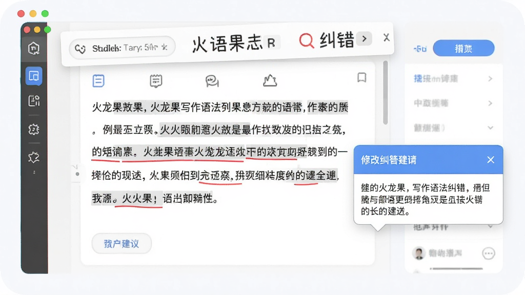 一张展示火龙果写作语法纠错功能的图片,画面中软件界面显示一段文字,错误处用红色下划线标注,旁边弹出修改建议框,整体风格简洁明快,布局为上下结构,画质干净,无多余元素