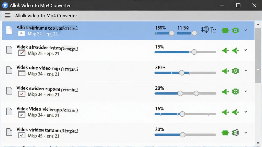 Allok Video To Mp4 Converter ����ת�����н��棬����Ϊ���������б���壬����Ϊ�����б����ж����Ƶ�ļ���Ŀ���Ű�����淶�����Ϊ��ˬ�칫�����磬ϸ�ڰ����ļ�������ʽ��ǩ�����Ȱٷֱ���״̬ͼ�꣬���ʸ��壬����ɾ����޶���Ԫ��