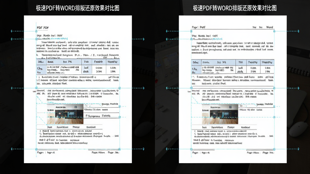 极速PDF转WORD排版还原效果对比图,主体为左右分屏展示PDF原文与转换后Word文档,布局左侧为PDF原文件右侧为Word转换结果,排版采用上下对比结构,风格为办公文档展示风格,细节包含文字段落、表格、图片、页眉页脚、对齐标注线,画质高清,干净,无多余元素