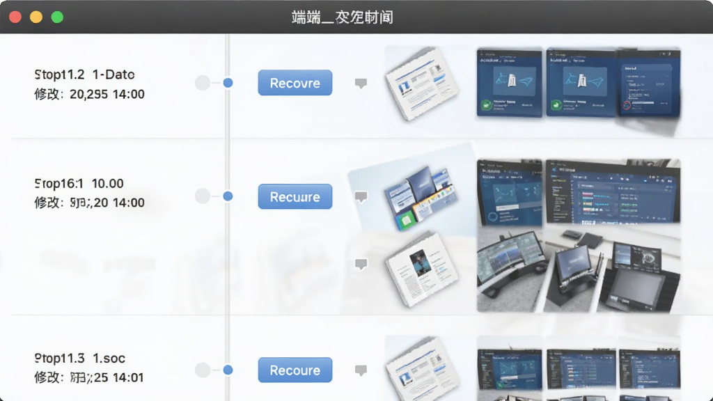 一张展示端端(Clouduolc)历史版本功能的界面截图风格图片,主体为文件版本时间轴,布局为纵向列表,排版左侧为时间节点右侧为文件缩略图,风格为写实软件界面风格,细节包括版本号、修改时间、恢复按钮、文件预览图,画质高清,画面干净,无多余元素