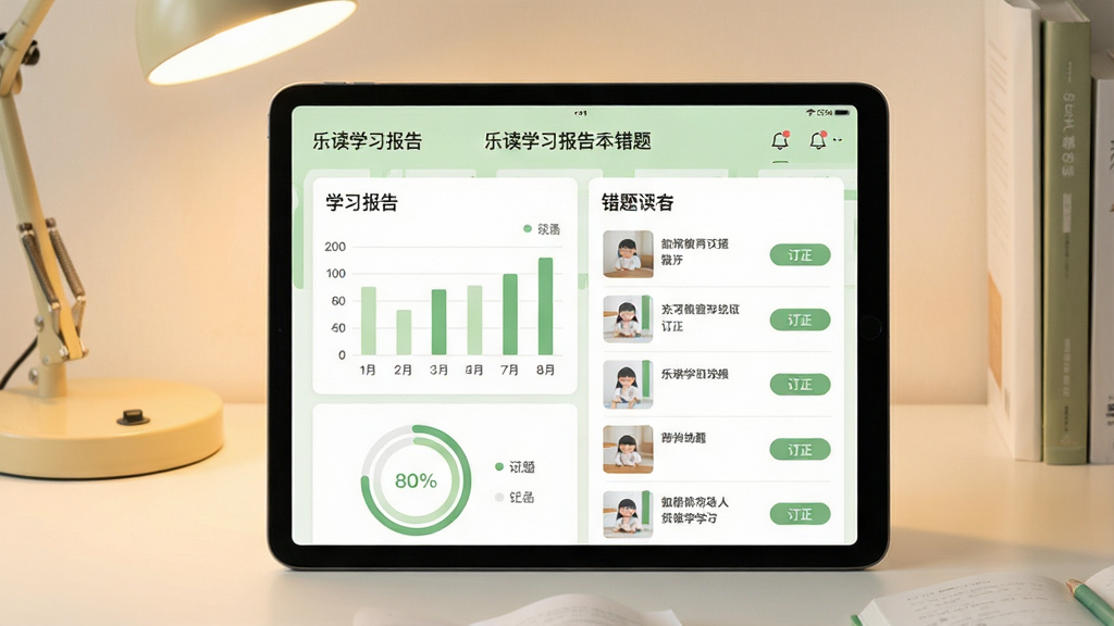 一张展示乐读学习报告和错题本功能的图片,画面中央是平板电脑屏幕,屏幕上显示学习报告图表和错题列表,图表包含柱状图和环形进度图,错题列表中有题目缩略图和订正按钮,背景是温暖的书桌一角,风格清新简约,色调以浅绿和白色为主,画面干净无多余元素,高清画质,文字清晰
