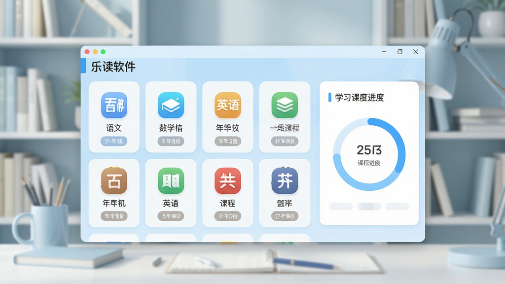 一张展示乐读软件课程体系页面的图片,画面中间是软件界面截图,界面上排列着语文、数学、英语等科目图标,每个科目下方有年级标签和课程数量,界面右侧有学习进度环形图,背景是柔和的书房场景,风格简洁现代,色调以浅蓝和白色为主,画面干净整洁,高清画质,文字清晰,无多余装饰元素