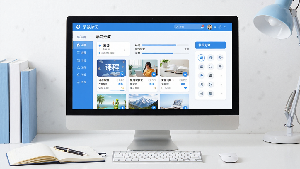 一张展示乐读在线学习软件主界面的图片,画面中央是电脑屏幕,屏幕上显示乐读软件首页,包含课程列表、学习进度条和科目分类导航,屏幕旁边放置一本打开的笔记本和一支笔,背景是整洁的书桌环境,风格清新明亮,色调以蓝色和白色为主,画面干净无多余元素,高清画质,文字清晰可辨,整体布局简洁大方