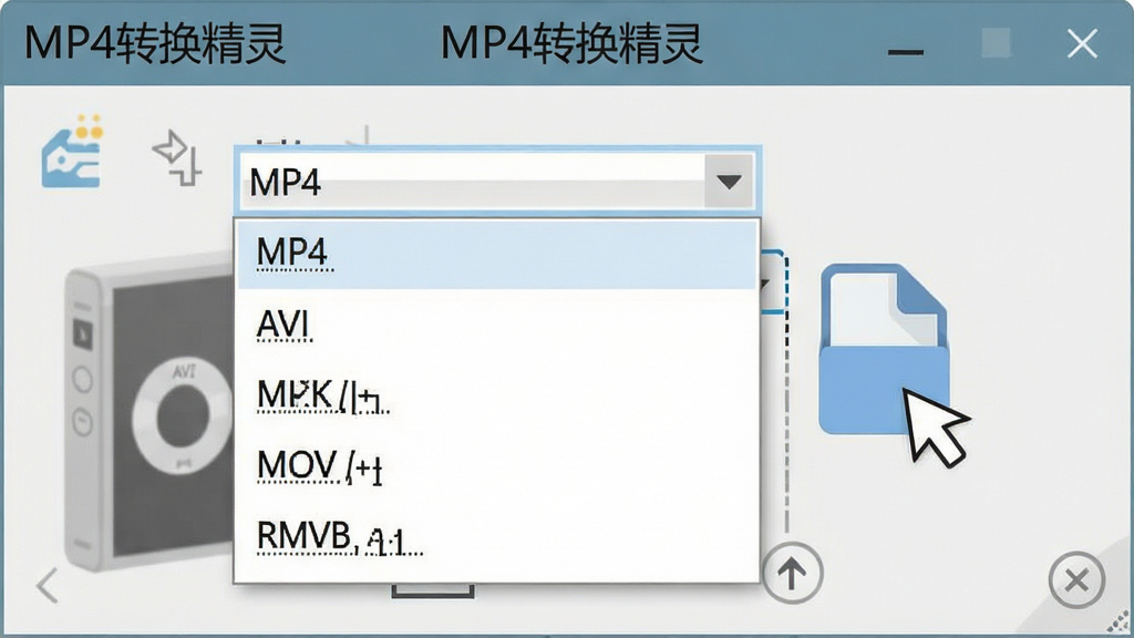 一张展示MP4转换精灵格式选择界面的示意图,画面中软件窗口内显示一个下拉菜单,菜单里列出MP4、AVI、MKV、MOV、RMVB等格式选项,旁边有一个文件图标正在被拖入软件窗口,整体风格为扁平化设计,背景为浅灰色,画质干净清晰,窗口上方标注文字