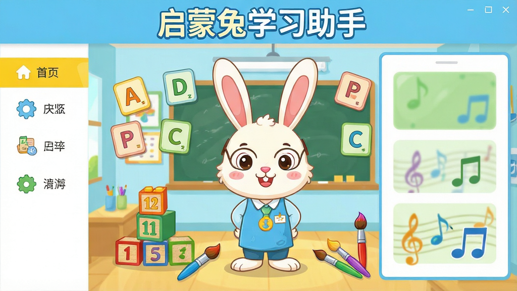 启蒙兔学习助手软件主界面全景展示,画面中央是一只可爱的卡通兔子教师形象站在明亮的教室中,周围环绕着字母卡片、数字积木、彩色画笔和音乐符号等学习元素,顶部有软件名称“启蒙兔学习助手”字样,整体布局采用左右分栏设计,左侧为功能导航菜单,右侧为内容展示区域,风格为清新卡通的儿童教育插画风,色彩以明黄、天蓝、嫩绿为主色调,细节丰富,画质清晰干净,无多余杂乱元素
