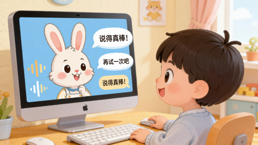 启蒙兔学习助手语音交互场景,画面中一个小朋友对着电脑屏幕说话,屏幕上显示卡通兔子形象正在倾听,旁边有声音波形图标和对话气泡显示“说得真棒!”“再试一次吧”等鼓励话语,背景为儿童房间,风格为温馨卡通插画,色彩明亮柔和,画质清晰,无多余元素