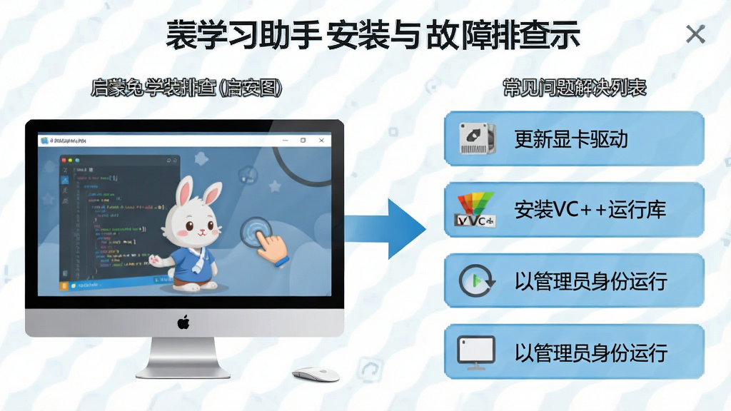 启蒙兔学习助手安装与故障排查示意图,画面左侧展示电脑安装界面截图,右侧展示常见问题解决步骤列表,包括“更新显卡驱动”“安装VC++运行库”“以管理员身份运行”等条目,中间用箭头连接,风格为信息图表式设计,配色清晰易读,画质干净,无多余装饰